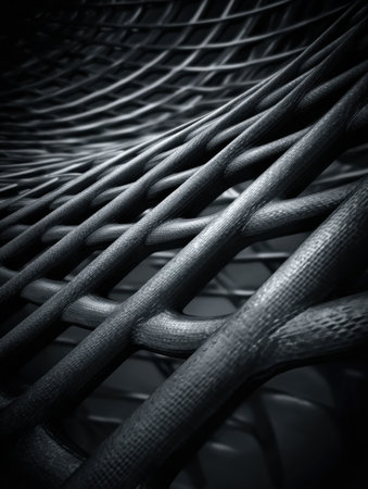 Close-up view of a detailed mesh structure highlighting the interplay of light and shadow in a sleek, modern design.の素材