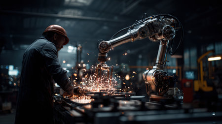 A skilled worker uses a robotic arm to weld metal pieces while sparks fly in a busy manufacturing environment.の素材