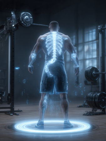 A man stands in a gym with a holographic skeleton projected over his body, illustrating muscle and bone structure.の素材