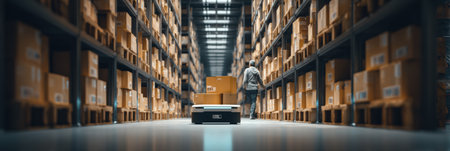 A worker moves through a busy warehouse of stacked boxes and machines to ensure smooth operations.の素材