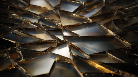Intricate composition of glass shards creates a visually striking pattern, reflecting light in various angles and tones.の素材