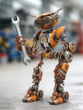 A small orange robot stands ready for work, gripping a wrench in a busy workshop filled with tools and machinery.の素材