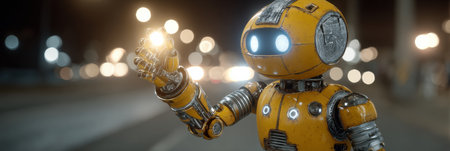 A yellow robot stands in a night city, holding a glowing object amid bright lights and darkness.の素材