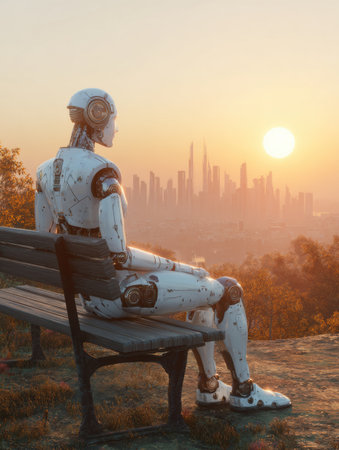 A robot sits on a bench, watching the sunset over a modern city bathed in soft orange light.の素材