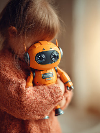 A young girl hugs her vibrant orange robot toy, showcasing joy and creativity in a warm, inviting indoor spaceの素材
