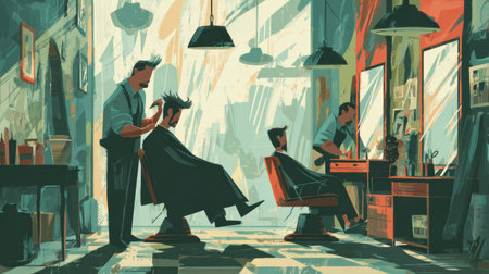 Two clients enjoy haircuts while barbers work skillfully in a modern barbershop filled with light and color.の素材