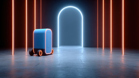 A delivery robot stands in a neon-lit corridor with glowing lines and arches, creating a striking visual effect.の素材