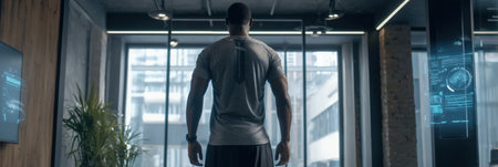 A man in a modern gym looks out at the city through large windows, with digital displays showing data.の素材