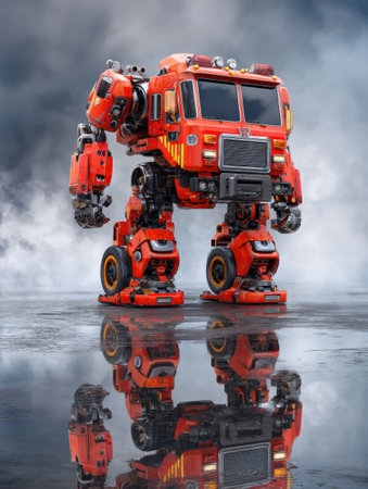 A large robot resembling a fire truck stands reflecting on the wet ground. Stormy sky is visible behind it.の素材