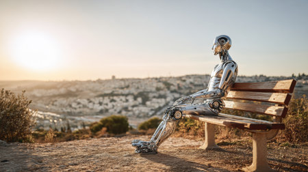 A humanoid robot contemplates the view from a bench as the sun sets over a city landscape, capturing a peaceful moment.の素材
