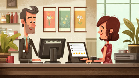 Customer provides feedback at a cozy cafe counter while the server attentively engages with her.の素材