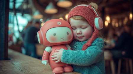 A child happily hugs a colorful robot toy in a cozy cafe with soft lighting and cheerful patrons.の素材
