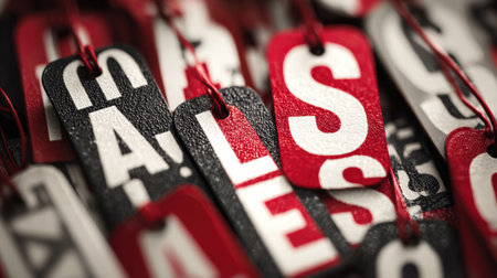 Colorful sale tags with bold letters hang together, creating an attention-grabbing display.の素材