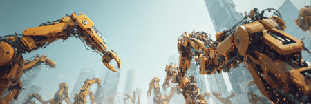 Robots engage in tasks in a lively city, showcasing technological progress and innovation.の素材