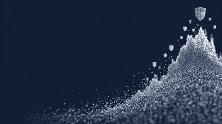 Particles create a mountain-like structure with shields symbolizing data protection in a digital landscape.の素材