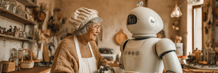 Elderly woman enjoys a conversation with a robot helper in her warm, inviting kitchen filled with culinary tools.の素材