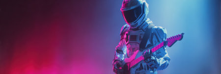 A space-suited performer plays electric guitar amid vibrant blue and red lights, creating a dynamic scene.の素材