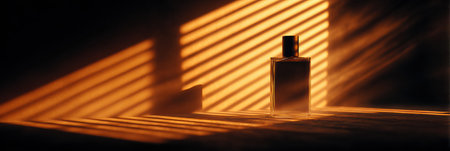 Warm light filters through slits, casting striking shadows on a glass bottle. The scene evokes calmness and warmth.の素材