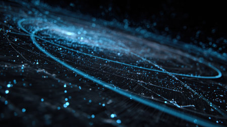 Blue particles dance in an intricate pattern, giving a sense of depth and movement against a dark backdrop.の素材