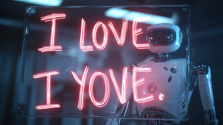 A robot displays a neon sign with the words I love I yove, set in a high-tech environment full of colorful lights.の素材
