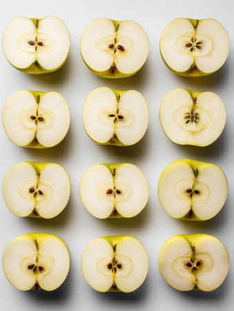 Several green apples are sliced in half and organized in a grid formation, showing their inner texture and shape.の素材