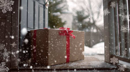A wrapped gift with a red ribbon sits near a front door during a snowfall. It is probably a Christmas present.の素材