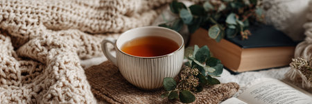 A warm cup of tea rests next to a blanket and a book, creating a cozy atmosphere perfect for relaxation.の素材