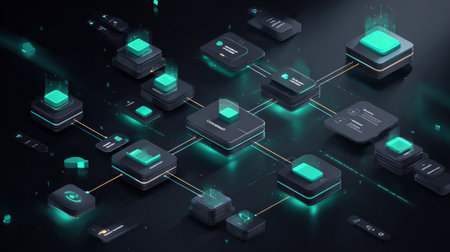 Digital design features interconnected elements with glowing accents, showcasing modern technology and functionality.の素材