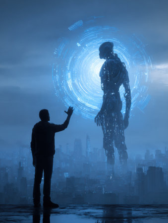 A silhouette of a person reaches out to a glowing figure in a digital realm, set against a twilight city skyline.の素材