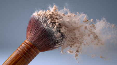 A close-up of a makeup brush releasing fine powder on a smooth background, highlighting beauty and precision.の素材