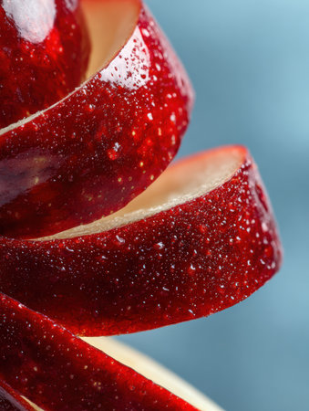 A close view shows shiny spirals of red apple peel with water droplets. They stand out against a light blue backdrop.の素材