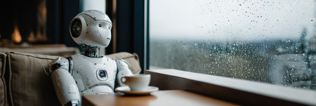 A robot sits alone by the window, sipping coffee while watching raindrops fall outside in a tranquil cafe atmosphere.の素材