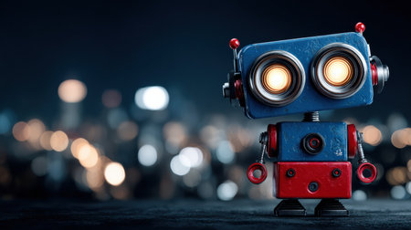 A colorful robot toy with big eyes sits on a surface, highlighted against a blurred nighttime city backdrop.の素材