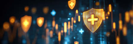 Health symbols shine in the dark, symbolizing progress in healthcare technology and digital solutions.の素材