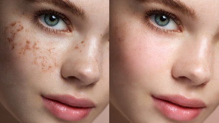 Close-up of a face highlighting enhanced skin with a clear complexion and improved texture and tone.の素材