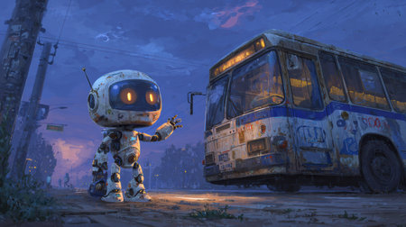 In a faded cityscape, a small robot greets an old bus under a dusky sky, capturing a moment of adventure and curiosity.の素材