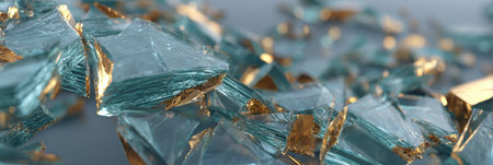 Turquoise glass pieces with golden edges are artfully scattered on a neutral background, catching the eye.の素材