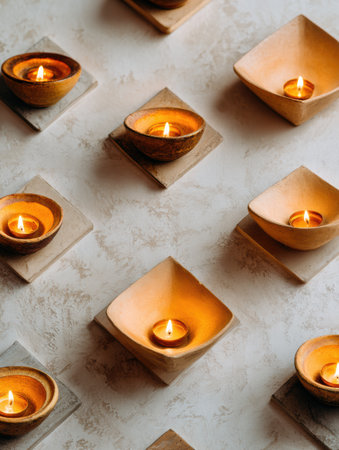 Several lit candles sit within small bowls, placed on square tiles against a neutral textured background.の素材