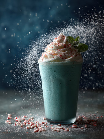 A mint dessert drink topped with whipped cream and colorful sprinkles for a festive touch.の素材