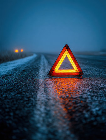 An orange warning triangle shines on a snowy road at twilight, signaling a vehicle issue in low visibility.の素材