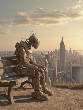 A robot sits on a bench, gazing at the New York City skyline as the sun sets, creating a serene atmosphere.の素材