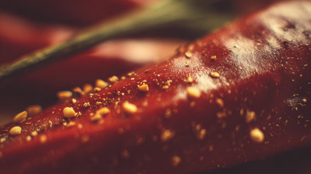 Close-up of a red chili pepper showing its smooth skin, seeds, and vibrant color, emphasizing its culinary use.の素材