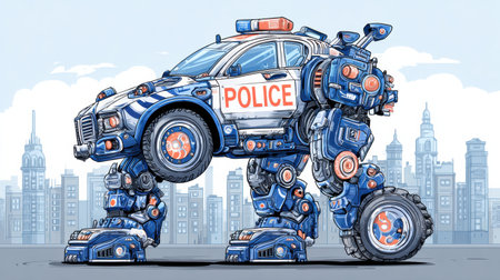 A police car-like robot stands out in an urban scene with city buildings behind it.の素材