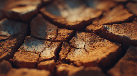Close view of dry, cracked earth shows intricate textures and warm colors, highlighting the landscapes beauty.の素材