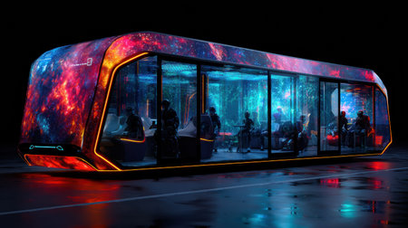 Inside a modern bus, passengers sit in a vivid setting resembling a cosmic landscape while traveling at night.の素材
