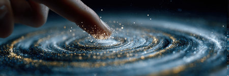 Gentle finger touches shimmering swirling stardust, creating ripples of cosmic beauty in a dreamlike scene.の素材