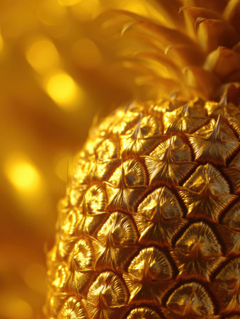 A close-up view of a golden pineapple showing its intricate texture, shimmering in warm light.の素材