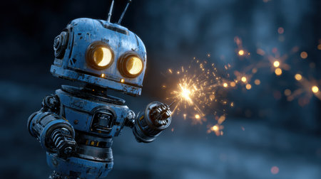 A small robot joyfully holds a sparkler, lighting up the darkness with bright, wondrous sparks.の素材