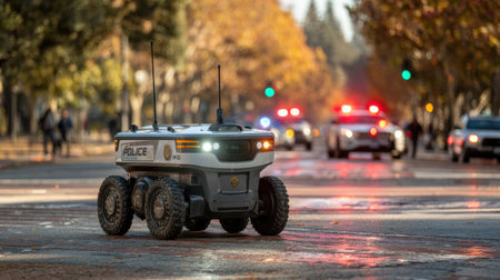 Robot monitors safety in a busy city as police cars rush to an emergency, highlighting modern law enforcement tech.の素材