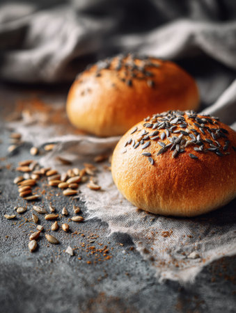 Two golden bread rolls with seeds sit on a textured cloth, complemented by scattered sunflower seeds nearby.の素材